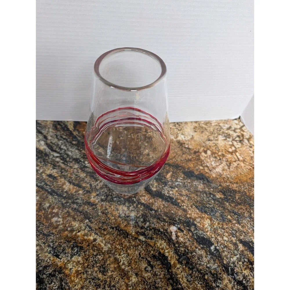 Blenko Glass Vase Red Threads Clear 9720 Label  10.75” Tall